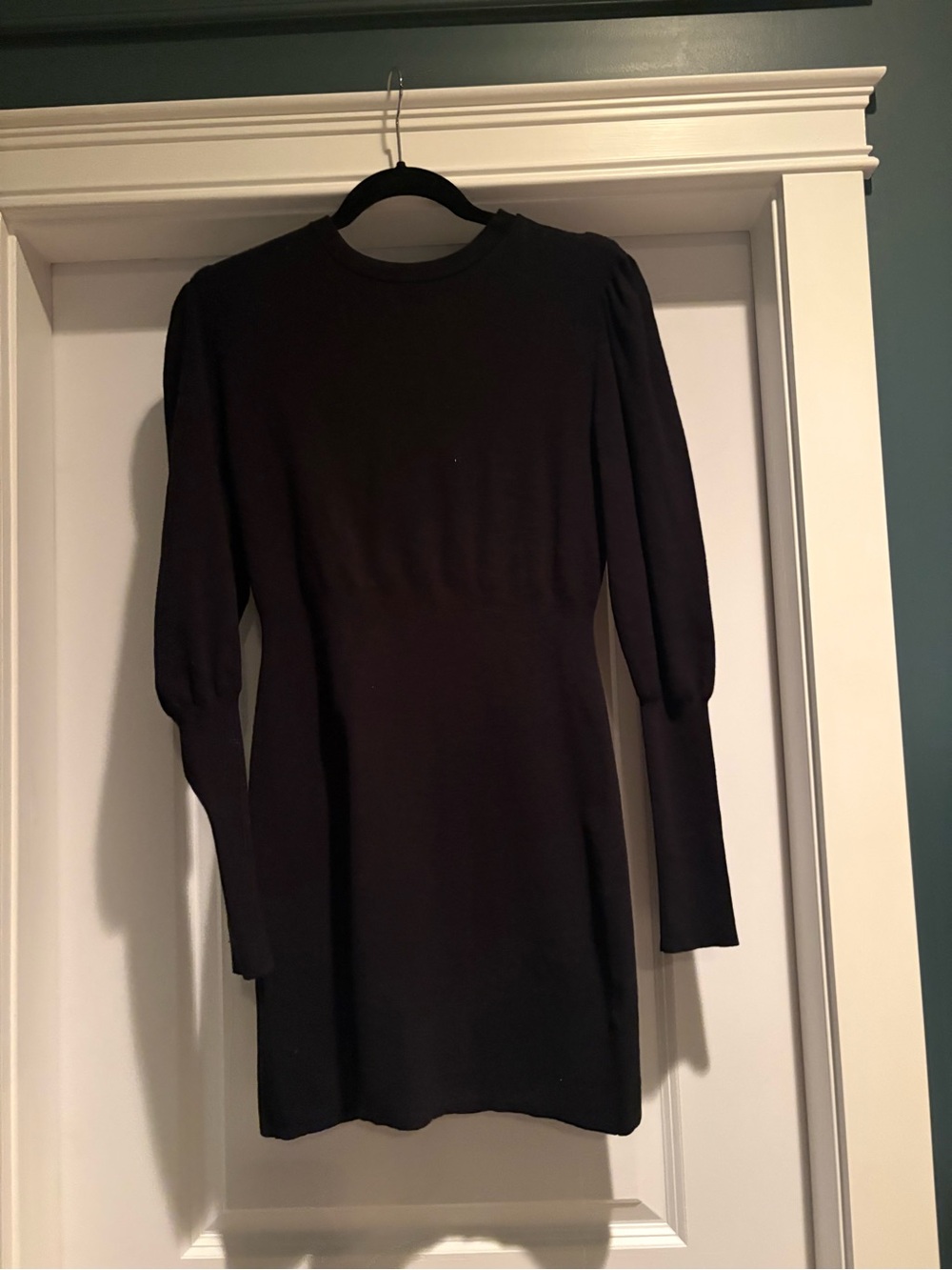 ba&sh Black Long-Sleeve knit Mini Dress with Subtle Puff Shoulders